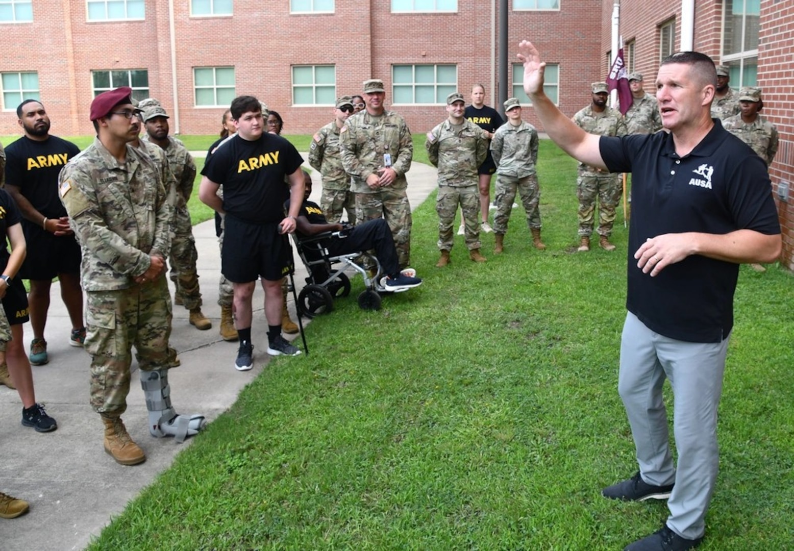Former Sergeant Major of the Army Daniel Dailey speaks to Soldiers at Womack's Soldier Recovery Unit on July 9, 2025.