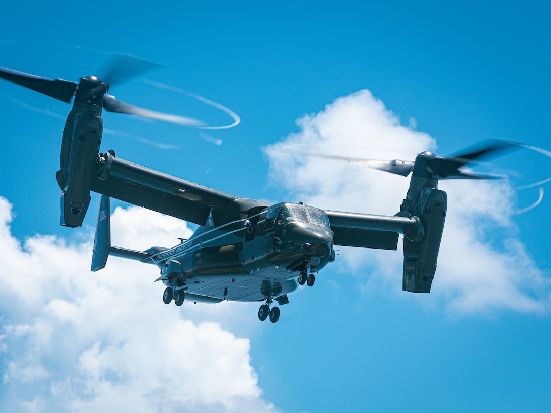 A U.S. Marine Corps MV-22 Osprey with Marine Helicopter Squadron 1 flies during deck landing drills aboard the Wasp-class amphibious assault ship USS Iwo Jima (LHD 7), during 22nd Marine Expeditionary Unit (Special Operations Capable) Composite Training Unit Exercise while underway in the Atlantic Ocean, June 28, 2025. During COMPTUEX, the IWO ARG and 22nd MEU(SOC), refine tactics, techniques, and procedures to execute warfighting functions that enhance operational readiness and lethality as a unified IWOARG/22 MEU(SOC) team. (U.S. Marine Corps photo by Sgt. Tanner Bernat)
