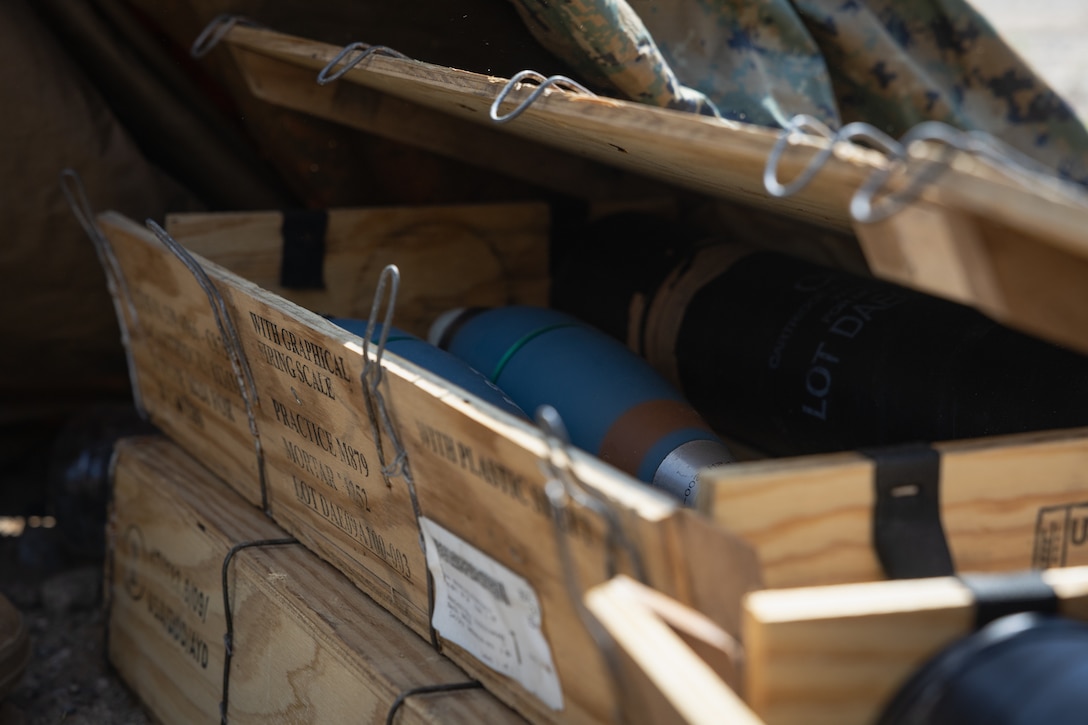 U.S. Marine Corps 81mm mortar rounds are prepared and ready to be fired at a mortar range during the Korean Marine Exercise Program 25.2 in Pocheon, South Korea, July 28, 2025. KMEP is conducted regularly between the ROK and U.S. Marine Corps to increase their combined capabilities through realistic training geared towards deterrence and maintaining peace in the Indo-Pacific. (U.S. Marine Corps photo by Lance Cpl. Van Hoang)