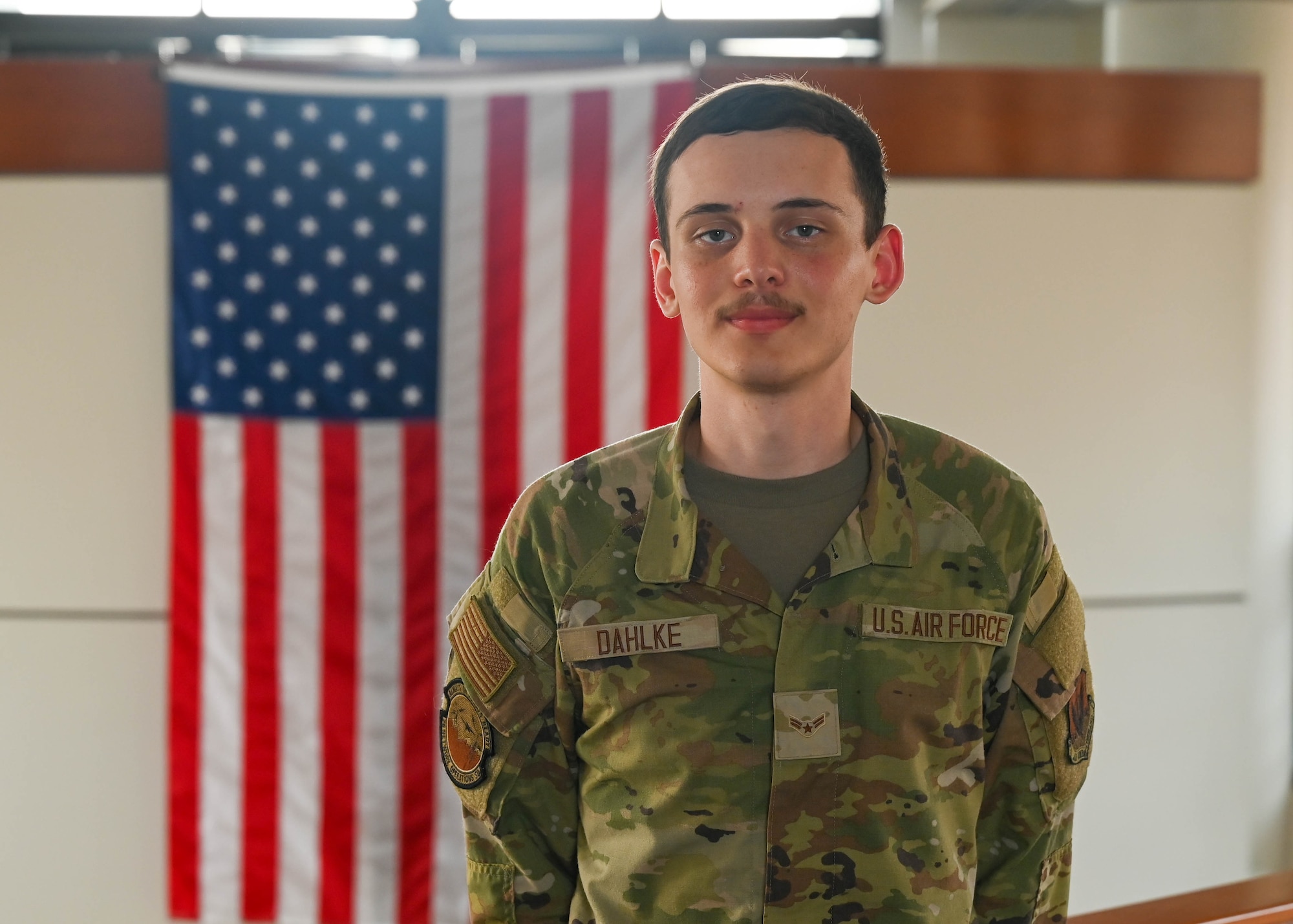 U.S. Air Force Airman 1st Class Jack Dahlke, 26 Network Operating Squadron wide area network enterprise operator poses for a photo in the Wing Building at Maxwell Air Force Base, Alabama, August 15, 2025.