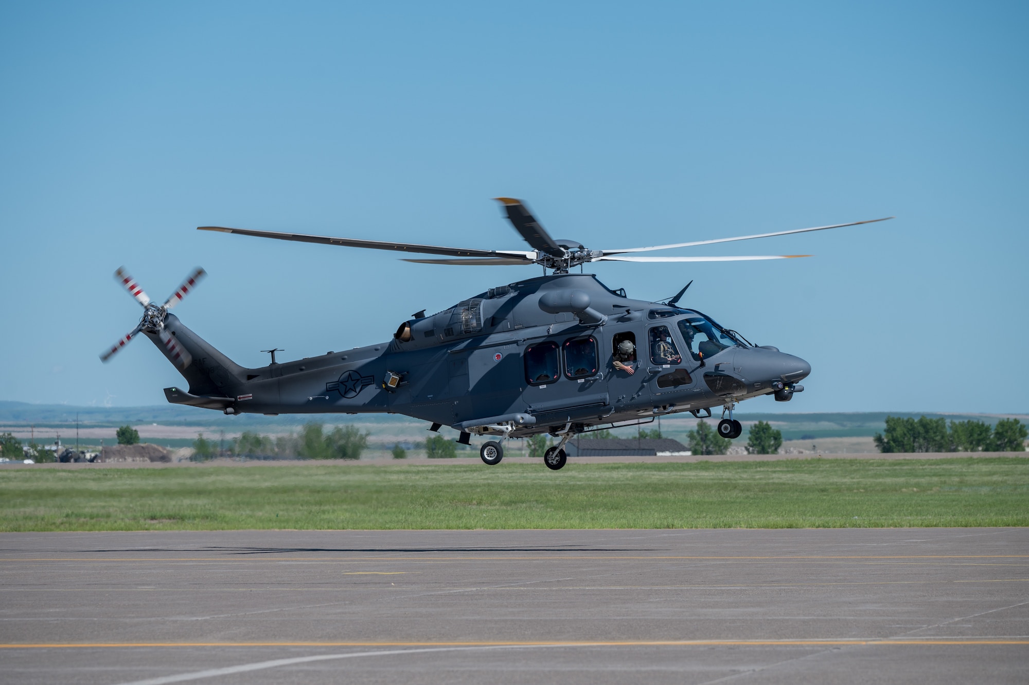 An MH-139A Grey Wolf lands on an airfield May 30, 2025 at Malmstrom Air Force Base, Mont. A final Initial Operational Test and Evaluation exercise was performed, marking the last major hurdle before the aircraft can be approved for full-rate production and operational deployment by the U.S. Air Force. (U.S. Air Force photo by Airman 1st Class Jack Rodriguez Escamilla)