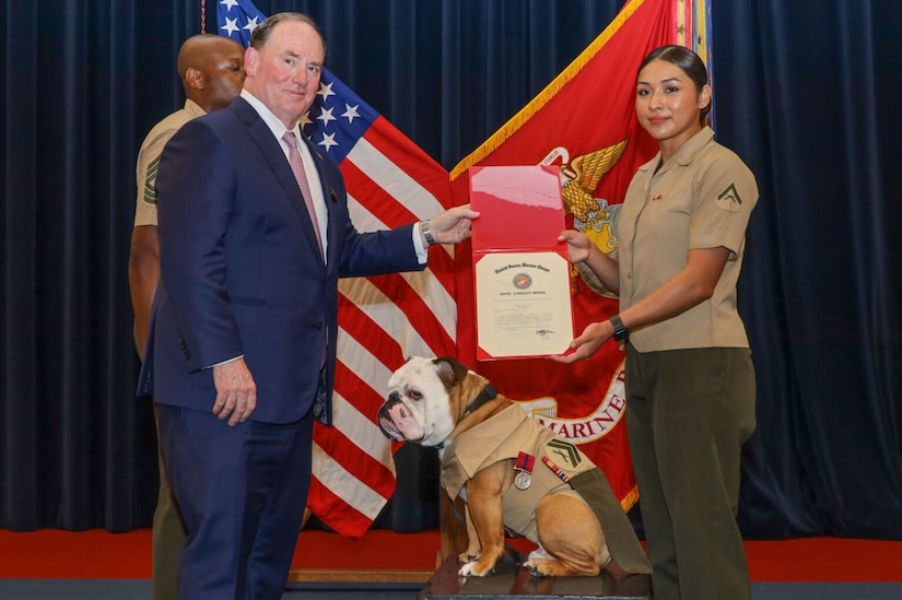 A dog, wearing a uniform with a military rank and a medal, sits on a platform. The dog is flanked by a man in a blue suit, and a woman in a military dress uniform. The man and woman are holding a certificate.