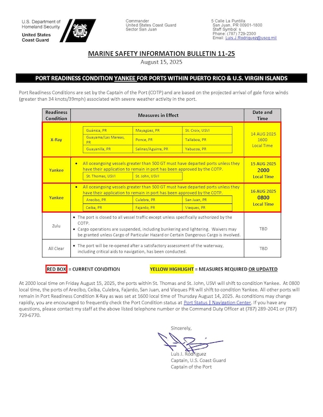 Coast Guard Marine Safety Information Bulletin for Hurricane Erin, Aug. 15, 2025, updating port condition status in Puerto Rico and the U.S. Virgin Islands seaports.  (Coast Guard document)