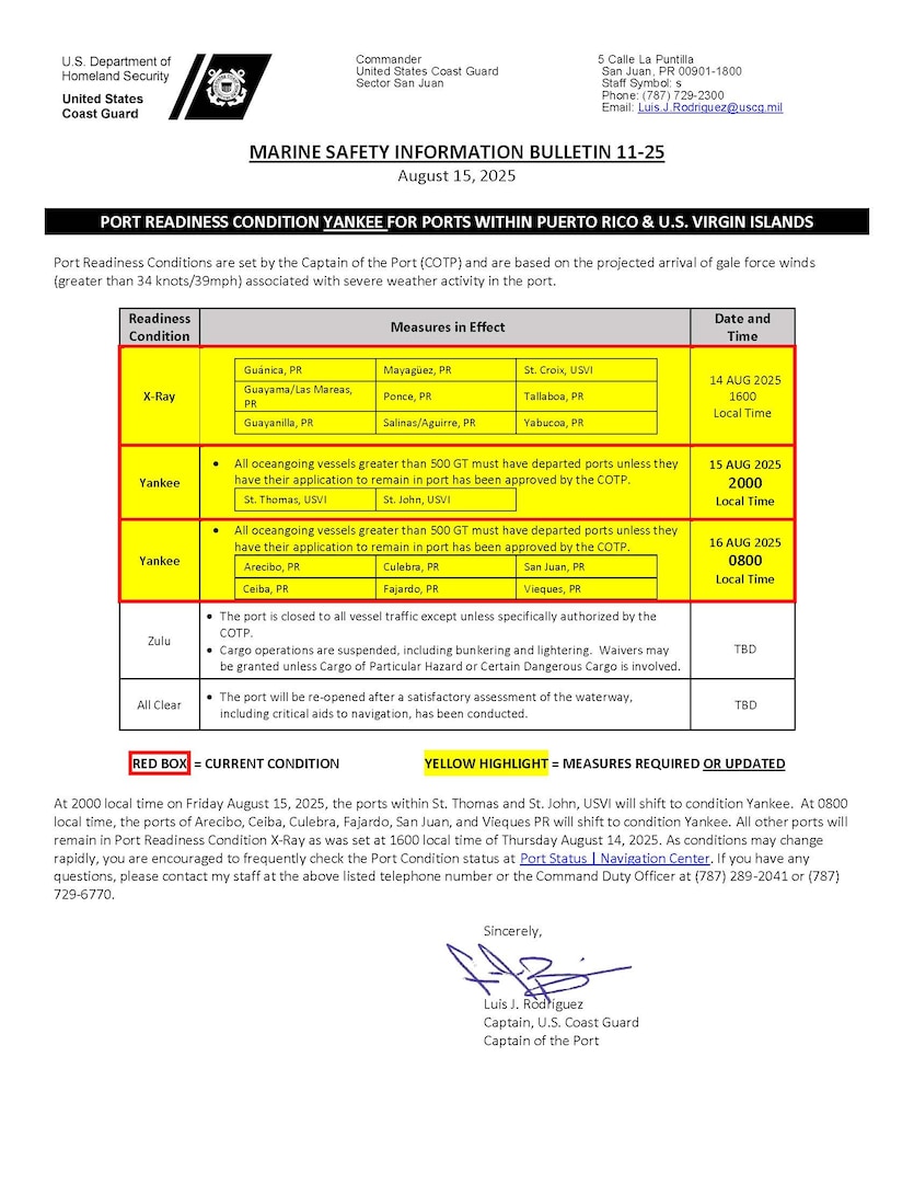 Coast Guard Marine Safety Information Bulletin for Hurricane Erin, Aug. 15, 2025, updating port condition status in Puerto Rico and the U.S. Virgin Islands seaports.  (Coast Guard document)