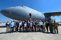 Greater San Antonio FBI Academy leadership and their civic leaders pose for a group photo with 433rd Airlift Wing Reserve Airmen during a C-5M Super Galaxy tour at Joint Base San Antonio-Lackland, Texas, Aug. 5, 2025.