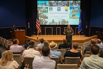 Greater San Antonio FBI Academy leadership and their civic leaders visit the 433rd Airlift Wing and receive a mission brief by Col. Douglas C. Jeffrey, IV, 433rd AW commander, before a C-5M Super Galaxy tour at Joint Base San Antonio-Lackland, Texas, Aug. 5, 2025.