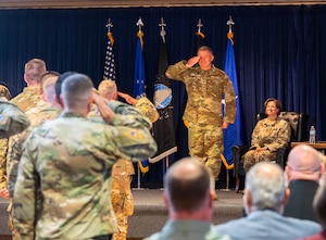 U.S. Space Force (USSF) Space Systems Command’s (SSC) Battle Management, Command, Control, Communications, and Space Intelligence (BMC3I) Program Executive Office activates Systems Delta 85 (SYD 85) at Peterson Space Force Base on August 8, 2025. USSF Col. Jason West, SYD 85 commander, renders a salute to the members of SSC, BMC3I, and SYD 85. (U.S. Space Force photo by 2d Lt. Jacob S. Willoughby)