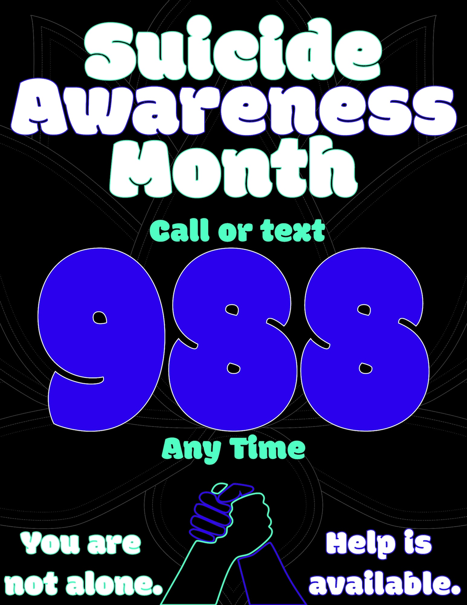 The Suicide Awareness graphic represents suicide awareness month at McConnell Air Force Base, Kansas. The graphic depicts the number for the suicide and crisis lifeline, and two hands joined together representing the suicide awareness ribbon. (U.S. Air Force graphic by Airman 1st Class Patrick O’Neill)
