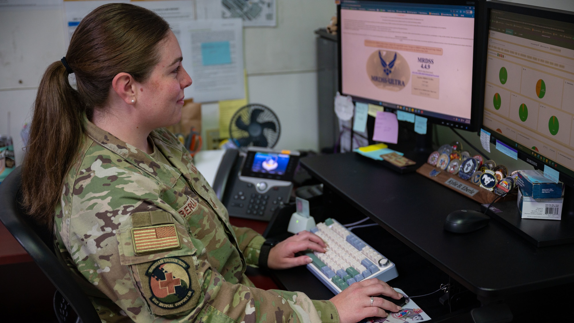 U.S. Air Force Tech. Sgt. Kylie Eberle, 51st Medical Support Squadron medical readiness noncommissioned officer in charge, reviews information at Osan Air Base, Republic of Korea, Aug. 13, 2025.