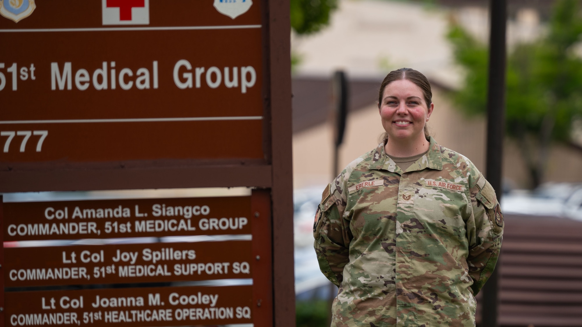 U.S. Air Force Tech. Sgt. Kylie Eberle, 51st Medical Support Squadron medical readiness noncommissioned officer in charge, poses for a photo at Osan Air Base, Republic of Korea, Aug. 13, 2025