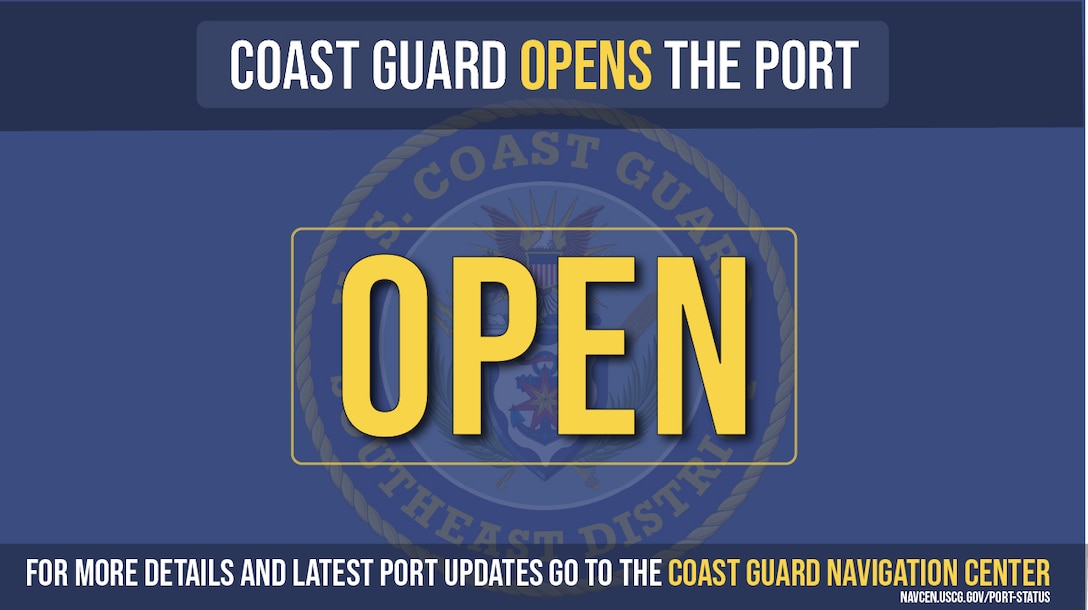The Coast Guard captain of the port opens the port. After storms, Coast Guard and partner agency crews assess damage and address navigation discrepancies in affected ports and waterways to ensure the safe reopening of the marine transportation system. (U.S. Coast Guard graphic)
