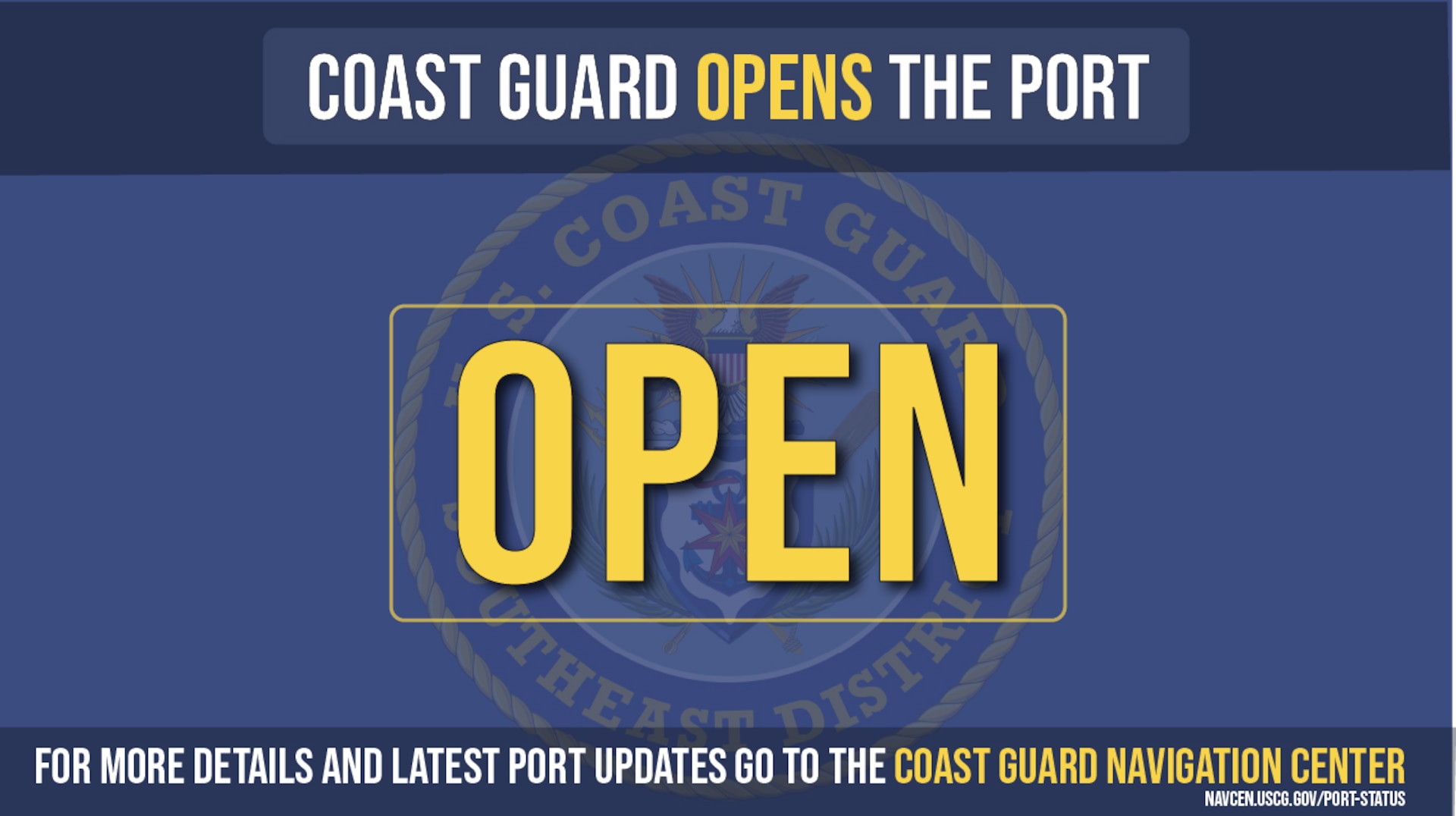 The Coast Guard captain of the port opens the port. After storms, Coast Guard and partner agency crews assess damage and address navigation discrepancies in affected ports and waterways to ensure the safe reopening of the marine transportation system. (U.S. Coast Guard graphic)