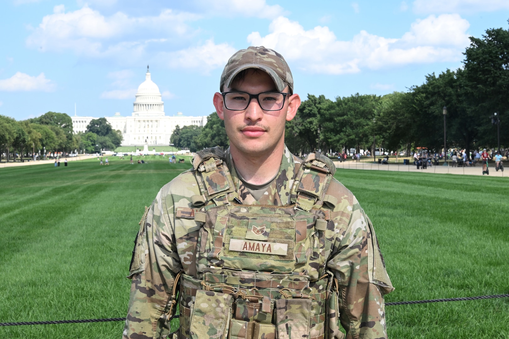 U.S. Airmen assigned to the D.C. Safe and Beautiful Task Force continue to patrol in Washington, D.C., August 16, 2025.
