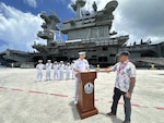 APRA HARBOR, Guam (Aug. 17, 2025) – Nimitz-class aircraft carrier USS George Washington (CVN 73), flagship of Carrier Strike Group (CSG) 5, embarked Carrier Air Wing (CVW) 5, and cruiser USS Robert Smalls (CG 62) arrived in Guam for a scheduled port visit, August 17, while destroyer USS Shoup (DDG 86) visits Saipan.