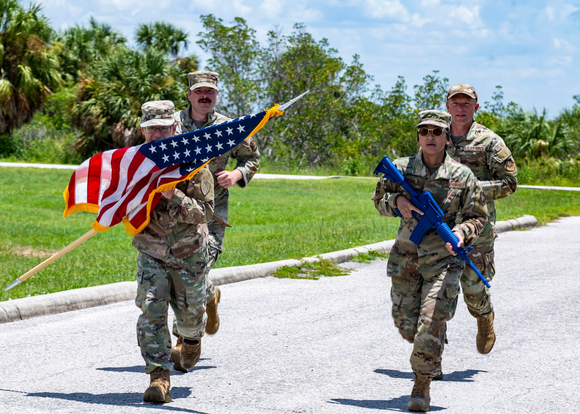 Senior noncommissioned officer selects participate in a tactical relay as part of the Foundations 700 Course at MacDill Air Force Base, Florida, July 31, 2025. The week-long course focuses on leadership development, team cohesion, and warfighting competencies, preparing Airmen for increased responsibilities in joint and operational environments. (U.S. Air Force photo by Airman 1st Class Monique Stober)