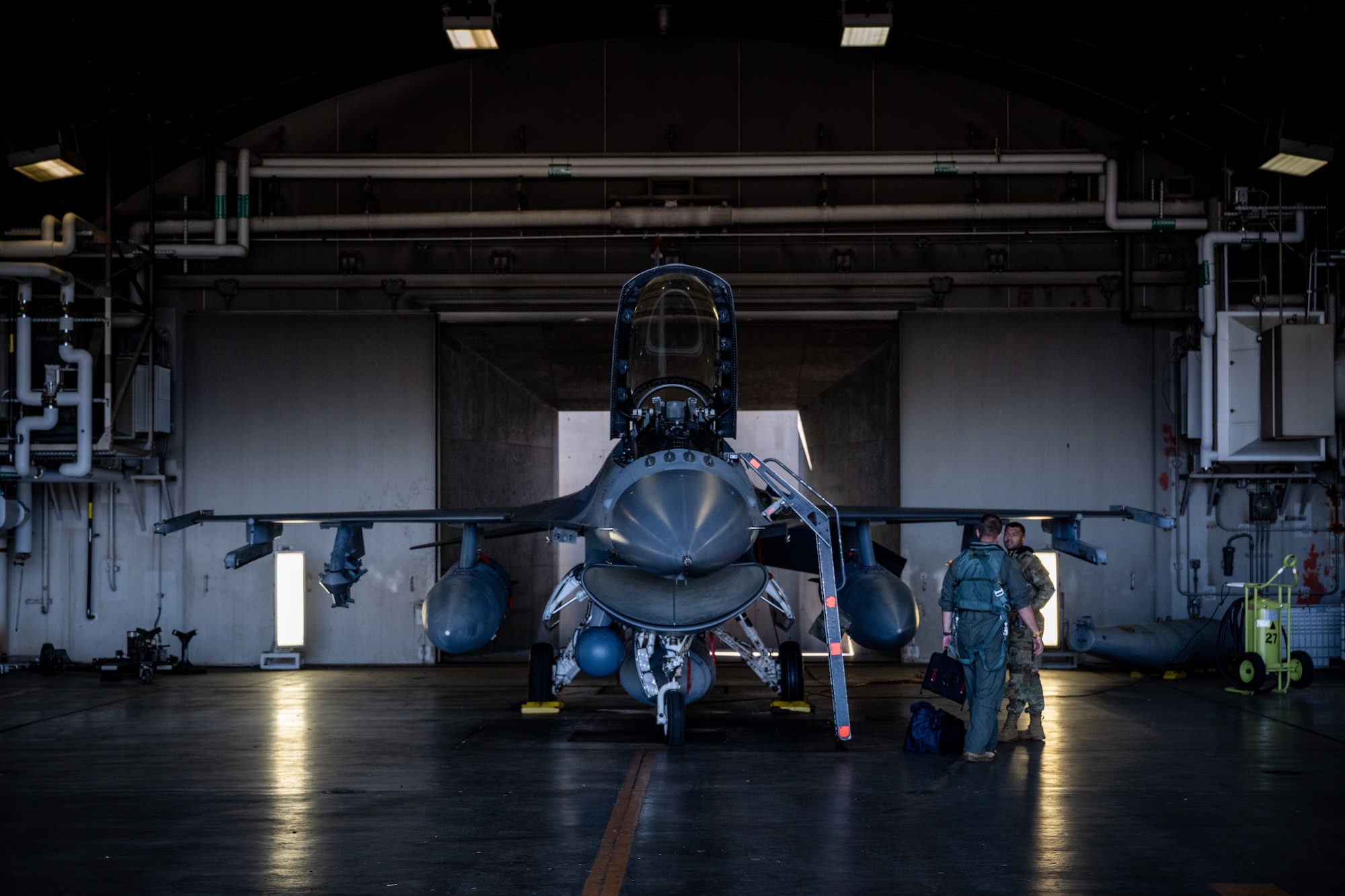 U.S. Air Force Capt. William Decker, 14th Fighter Squadron pilot, performs a pre-flight check on an F-16 Fighting Falcon at Misawa Air Base, Japan, Aug. 13, 2025.