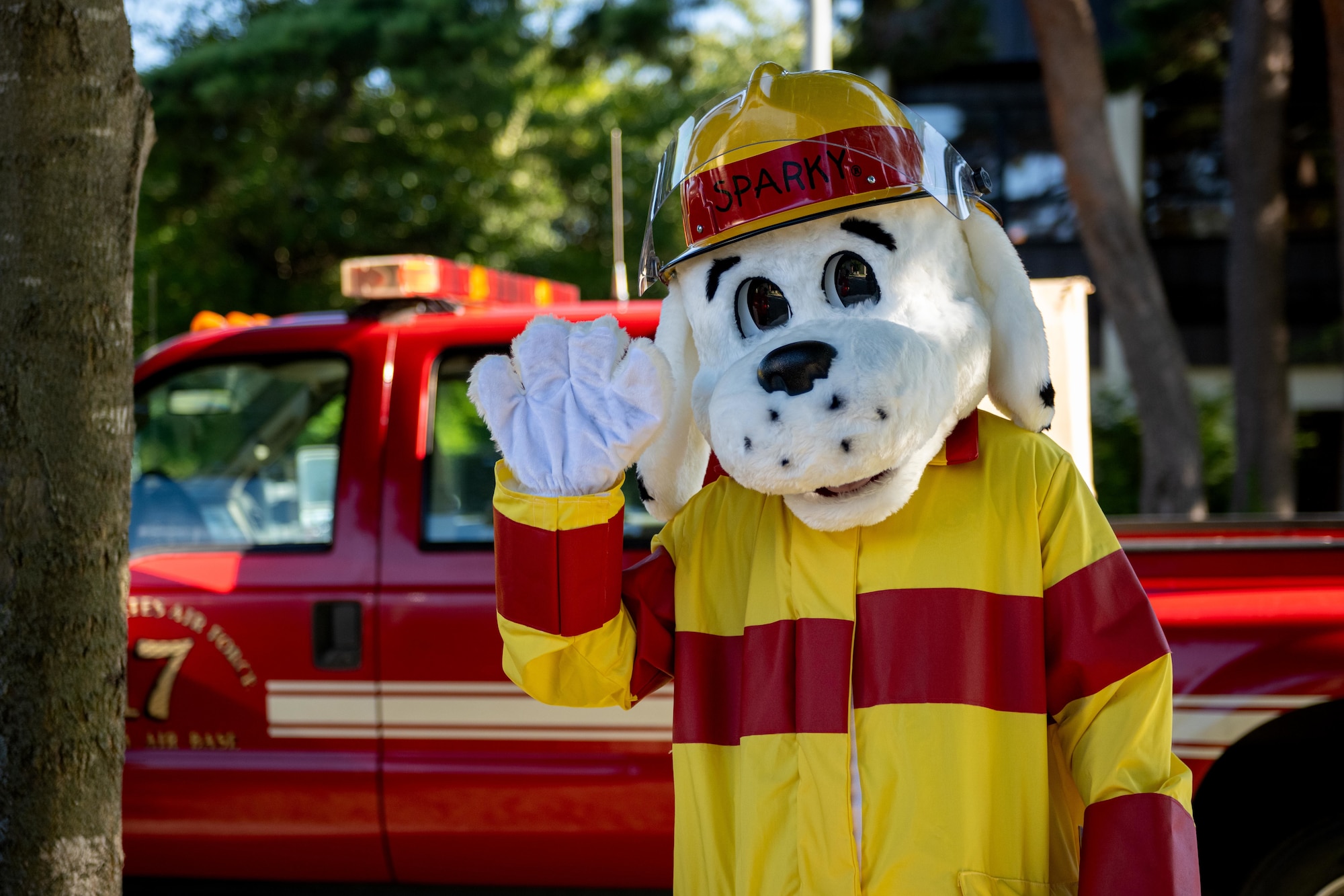 Sparky the firefighter dog poses for a photo during a back to school bash event.