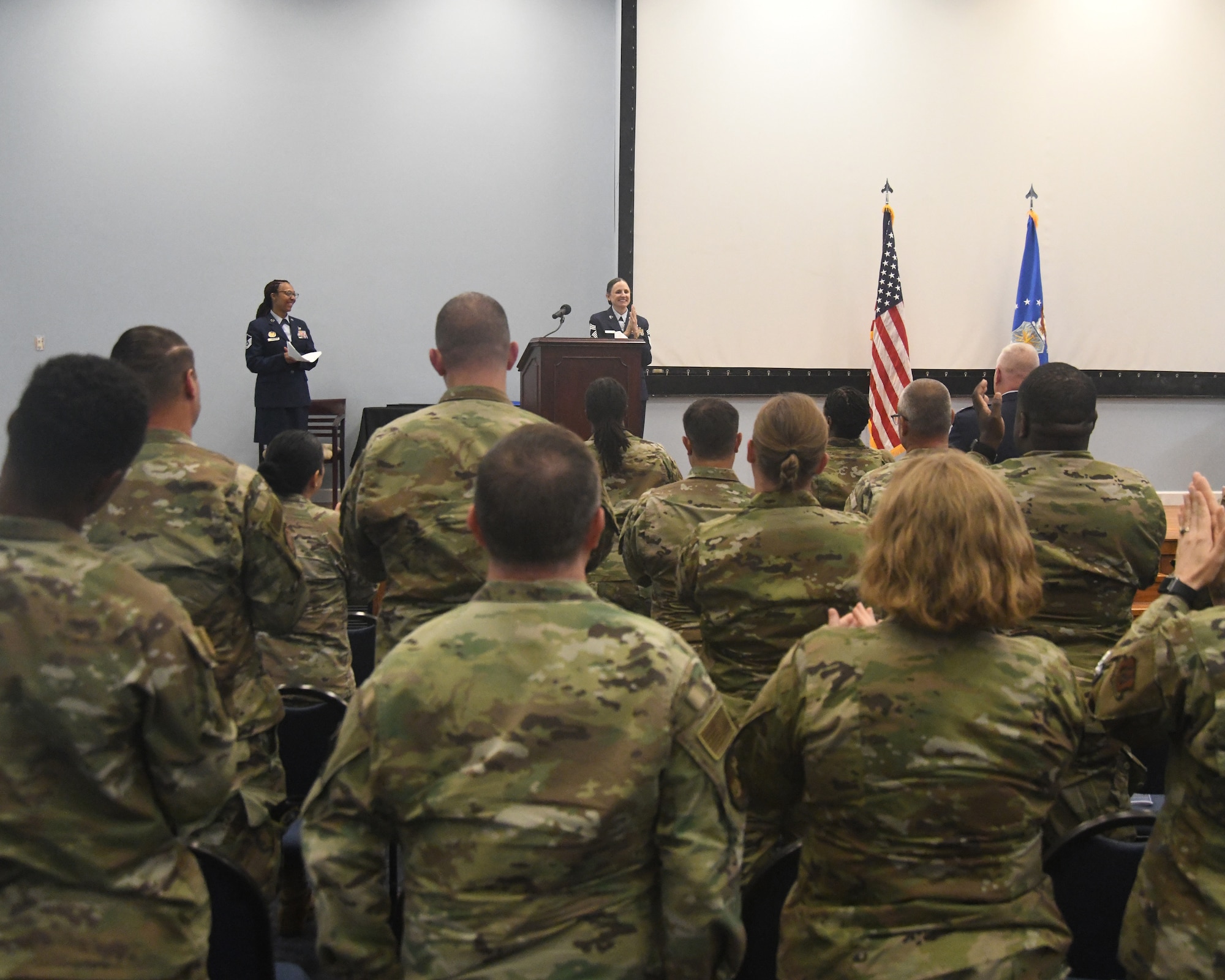 Chief Master Sgt. Rhonda Gambill retires from the Air Force after serving nearly 30 years of total military service. Chief Gambill, who began her military career as a Marine, retired as the Senior Enlisted Leader for the 459th Mission Support Group at Joint Base Andrews, Md. Gambill held her retirement ceremony at the 459th Air Refueling Wing. Maj. Melissa Greenwood, 46th Aerial Port Squadron, Dover AFB, Del., officiated the ceremony. (U.S. Air Force photo by Lt. Col. Timothy Smith)