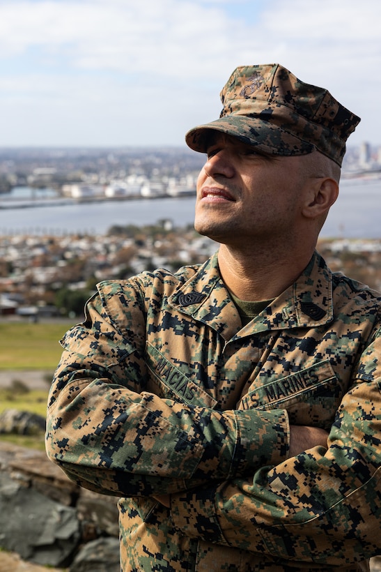 U.S. Marines Corps Master Sgt. Sergio Macias, an infantry unit leader with Marine Forces Northern Command, stands in front of the coastline during a subject matter expert exchange in Uruguay, August 14, 2025. This subject matter expert exchange enhances the training and readiness standards for the United States and Uruguay as well as facilitating the exchange of formalized readiness standards between both countries. Macias is a native of California. (U.S. Marine Corps photo by Sgt. Eduardo Delatorre)