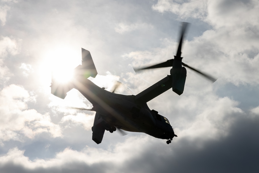 A U.S. Marine MV-22B Osprey with Marine Medium Tiltrotor Squadron 263 (Reinforced), 22nd Marine Expeditionary Unit (Special Operations Capable), takes off while transporting equipment and personnel to the San Antonio-class amphibious transport dock ship USS San Antonio (LPD 17), Iwo Jima Amphibious Ready Group, during onload operations while underway in the Atlantic Ocean, Aug. 15, 2025. The 22nd MEU(SOC) conducted personnel and equipment onload to enhance readiness for their regularly scheduled deployment. (U.S. Marine Corps photo by Lance Cpl. Kyle Baskin)