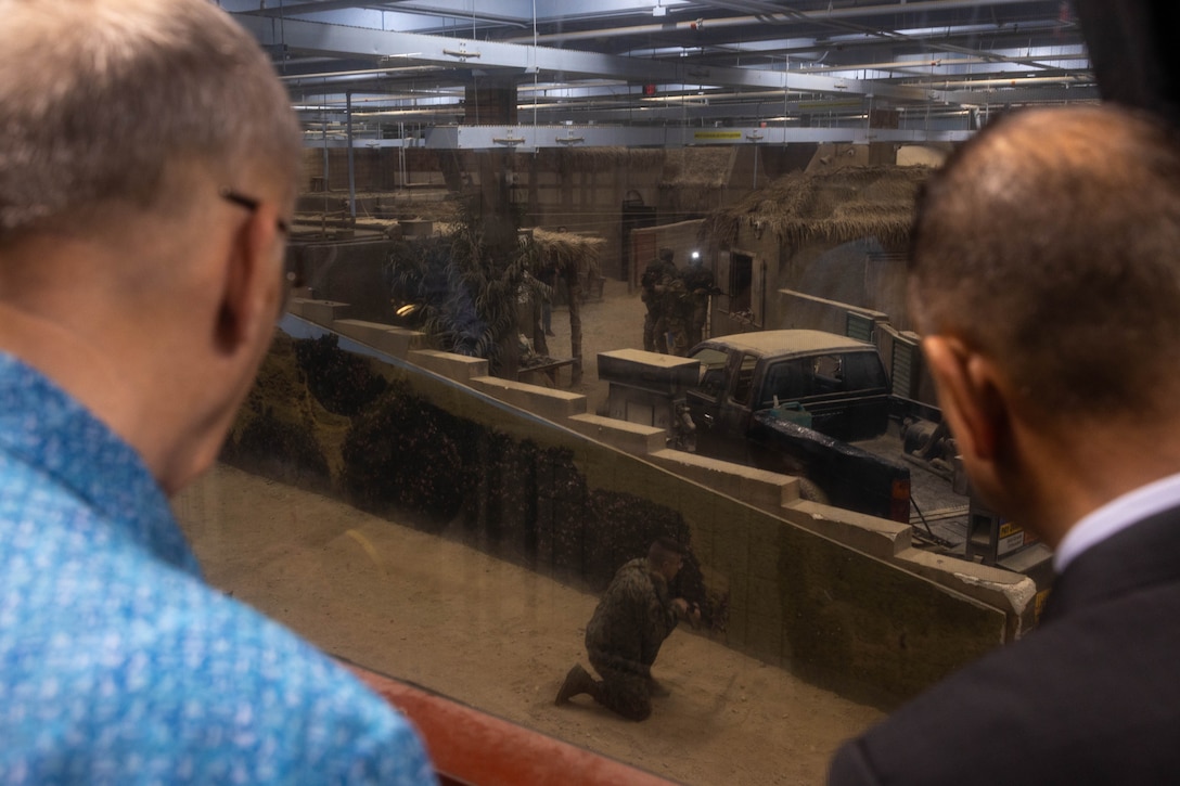 Retired U.S. Marine Corps Lt. Gen. Wallace “Chip” Gregson, distinguished senior fellow (non-resident), Sasakawa Peace Foundation USA, and Dr. Satohiro Akimoto, director of the Japan U.S. Military Program, observe training at the Infantry Immersion Trainer on Marine Corps Base Camp Lejeune, Aug. 6, 2025. The Japan U.S. Military Program connects U.S. service members, families and civilians who have served in Japan through a partnership between Sasakawa Peace Foundation USA, the Embassy of Japan and the National Association of Japan-America Societies. (U.S. Marine Corps photo by Lance Cpl. Erica S. Padgett)