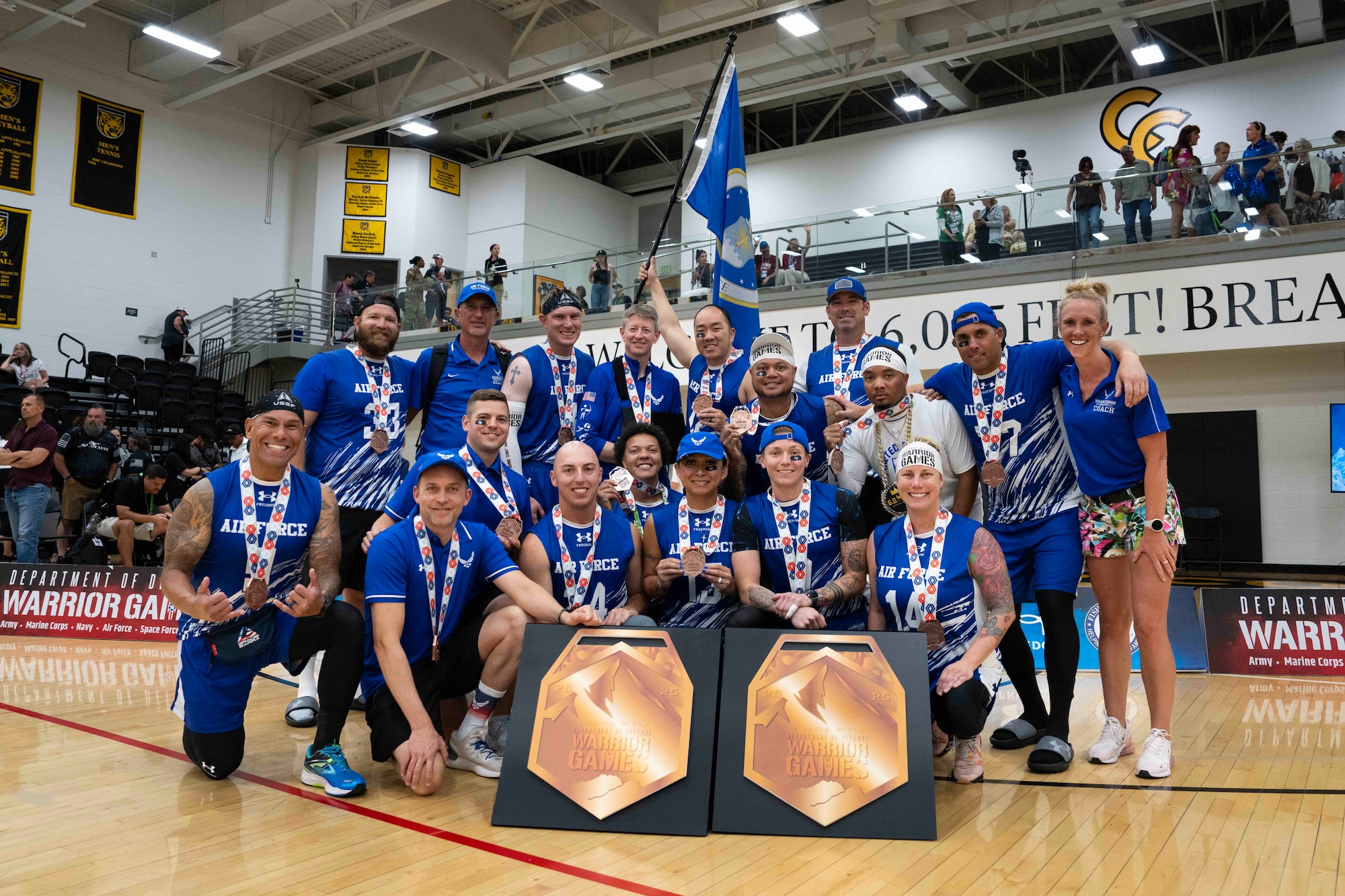 U.S. Air Force 2025 DoD Warrior Games swim team group together for a photo in Colorado Springs, Colorado, July 26, 2025. The Warrior Games were established to enhance the recovery and rehabilitation of wounded, ill and injured service members and to expose them to adaptive sports. (U.S. Air Force Courtesy Photo)