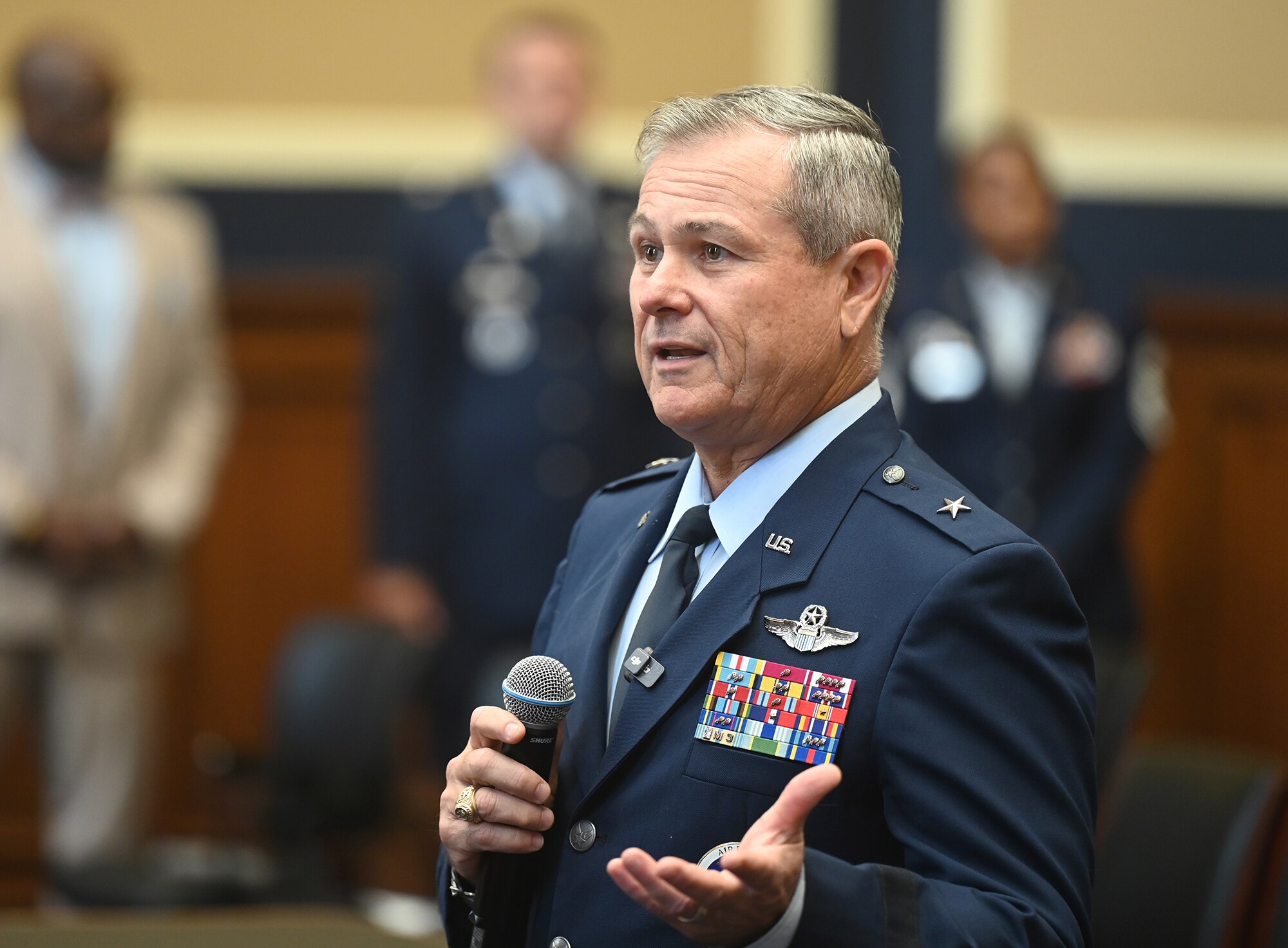 Deputy Commander of Air Force Recruiting Service Brig. Gen. Craig McPike addresses friends and family of members of the Delayed Entry Program at the Rayburn Office Building, Washington, D.C. Aug 15, 2025.
