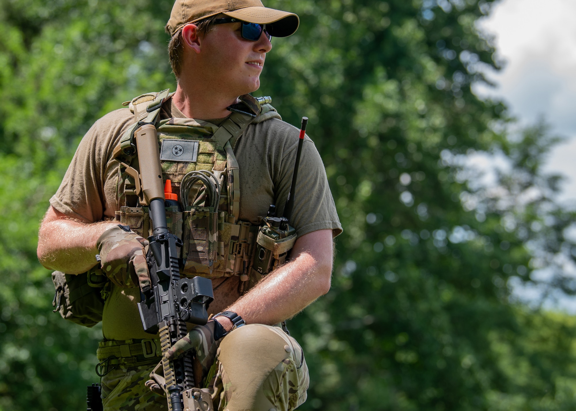 Airman 1st Class William Darlington, a member of the Kentucky Air National Guard’s 123rd Explosive Ordnance Disposal Flight, stands guard during a training exercise at Muscatatuck Urban Training Center in Butlerville, Ind., July 26, 2025. Darlington was recently recognized as a runner-up in the 2024 EOD Master Blaster awards for the Airman category. (U.S. Air national Guard photo by Airman 1st Class Angelee Barnett)