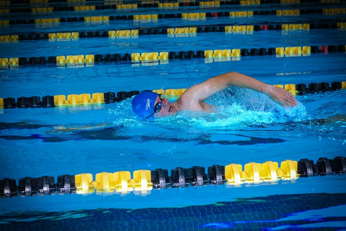 U.S. Air Force Tech. Sgt. Andrew Bergdorf, 92nd Civil Engineering Squadron noncommissioned officer in charge of electrical power production, competes in a 2025 DoD Warrior Games swimming event July 26, 2025, Colorado Springs, Colorado. This is Bergdorf’s second time competing in the DOD Warrior Games, the first being in 2016. (Courtesy photo)