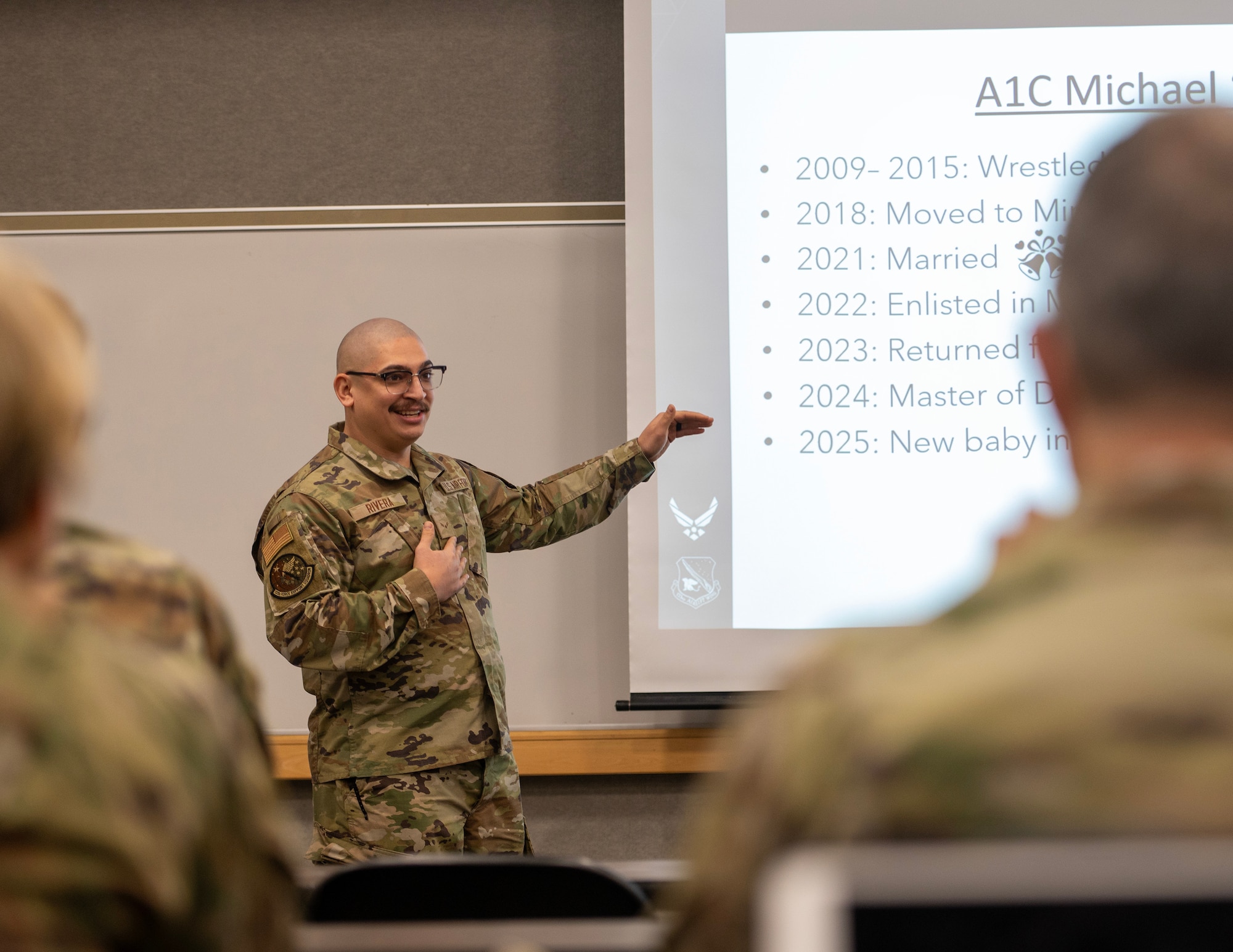 U.S. Air Force Airman 1st Class Michael Rivera, 133rd Force Support Squadron, presents his ideas for leadership during the Future Leaders Advisory Group (FLAG) presentation in St. Paul, Minn., Jan. 12, 2025.