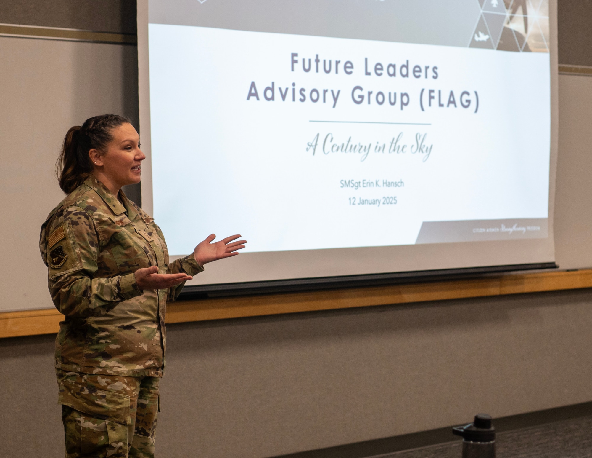 U.S. Air Force Senior Master Sgt. Erin Hansch, 133rd Airlift Wing, introduces the Future Leaders Advisory Group(FLAG) presentation in St. Paul, Minn., Jan. 12, 2025.
