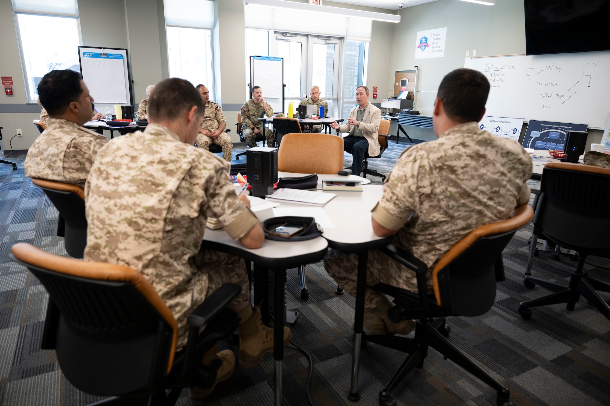 U.S. Air Force civilian Dustin Russell, Instructional Systems Specialist, I.G. Brown Training and Education Center University (TEC-U) discusses curriculum development techniques to members of the Colorado Air National Guard (ANG), and Royal Jordanian air force (RJAF), July 31, 2025, McGhee Tyson Air National Guard Base, Tennessee.  TEC-U recently hosted members of the RJAF as part of a collaborative effort with the Colorado ANG through the State Partnership Program initiative to explore developing their first formal enlisted professional military education.