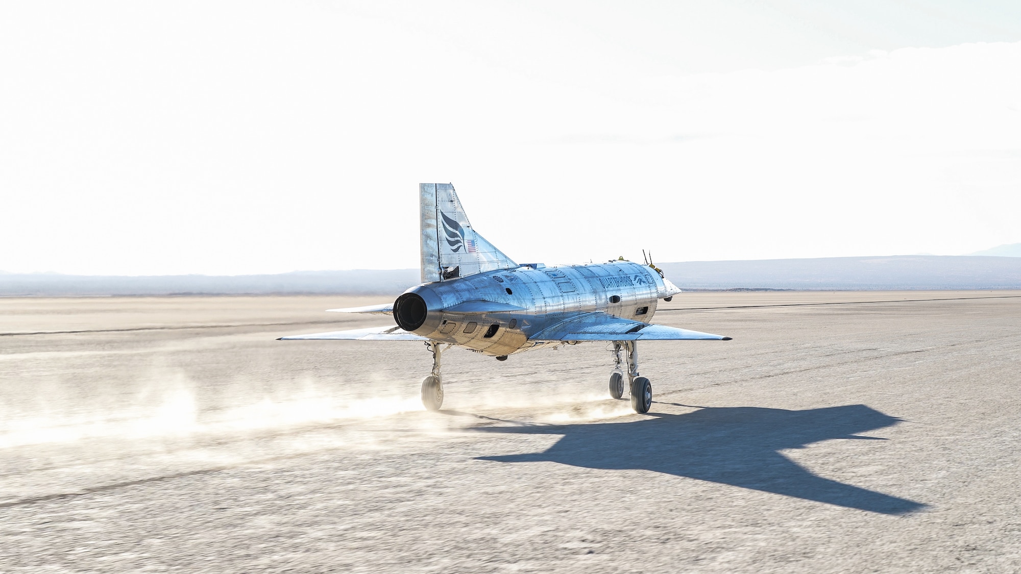 The Mk 1 Quarterhorse, a remotely piloted aircraft designed by Hermeus departs from Rogers Dry Lake during testing at Edwards Air Force Base, California. The Mk 1 Quarterhorse was designed to demonstrate a rapid developmental pace, advancing Hermeus’ mission to operationalize hypersonic technologies. The Experimental Test Force at Edwards (Formally the Emerging Technologies Integrated Test Force) assisted with marvel airworthiness process' without impact to flight safety. This approach reflects a renewed emphasis on industry integration from the Air Force Test Center. (Courtesy Photo)