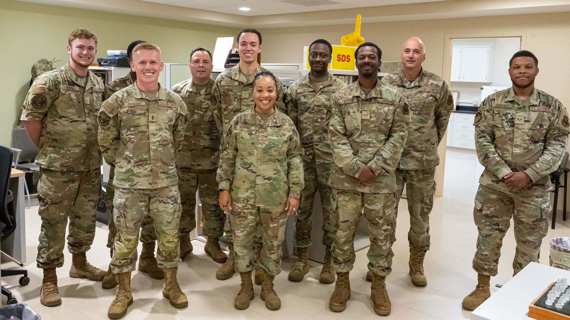 U.S. Air Force Chief Master Sgt. Tanya Johnson, Defense Health Agency senior enlisted leader, met with Airmen from the
Bioenvironmental Engineering flight at the 5th Medical Group on Minot Air Force Base, North Dakota on Aug.13, 2025. Johnson got a firsthand look at daily operations that contribute to the wing’s medical readiness mission.