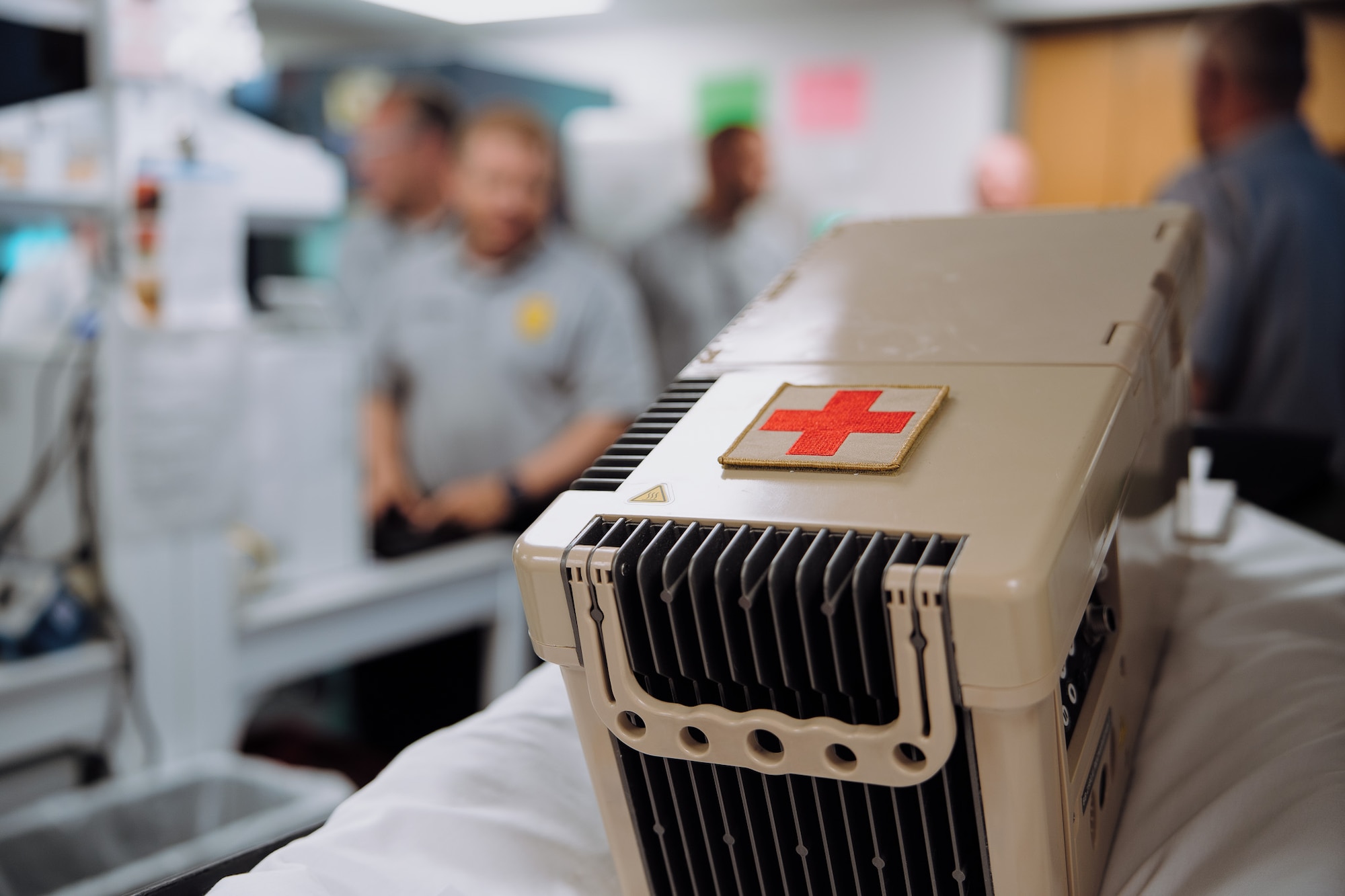An Autonomous Portable Refrigeration Unit, a cooling device used to maintain the safety and viability of donated blood, is shown on top of a gurney at a hospital located in Omaha, Nebraska, June 30, 2025. The APRU can safely store up to six 500 milliliter bags of blood for up to 72 days. (Courtesy photo)