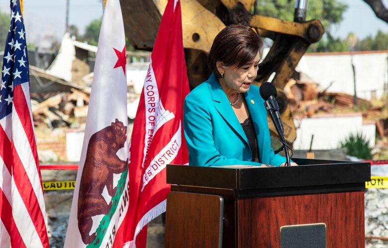 Rep. Judy Chu, representatives for California's 28th Congressional District, speaks during an Aug. 14 ceremony honoring the beginning of the debris removal at the final property assigned to the U.S. Army Corps of Engineers that was impacted by the Eaton Fire in Altadena, California.