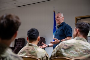 U.S. Army retired Command Sgt. Maj. John Wayne Troxell, 3rd Senior Enlisted Advisor to the Chairman of the Joint Chiefs of Staff, speaks on his experience and knowledge of leadership to Airmen at Davis-Monthan Air Force Base, Arizona, Aug. 14, 2025. During his speech, Troxell emphasized adapting a leadership mindset through vision, purpose and positivity. (U.S. Air Force photo by Senior Airman Jasmyne Bridgers-Matos)