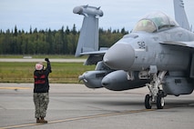 A U.S. Navy sailor from the Electronic Attack Squadron (VAQ-132), Naval Air Station Whidbey Island, Wash., guides an EA-18G Growler through pre-flight checks during exercise Northern Edge 2025 at Eielson Air Force Base, Alaska, Aug. 17, 2025.