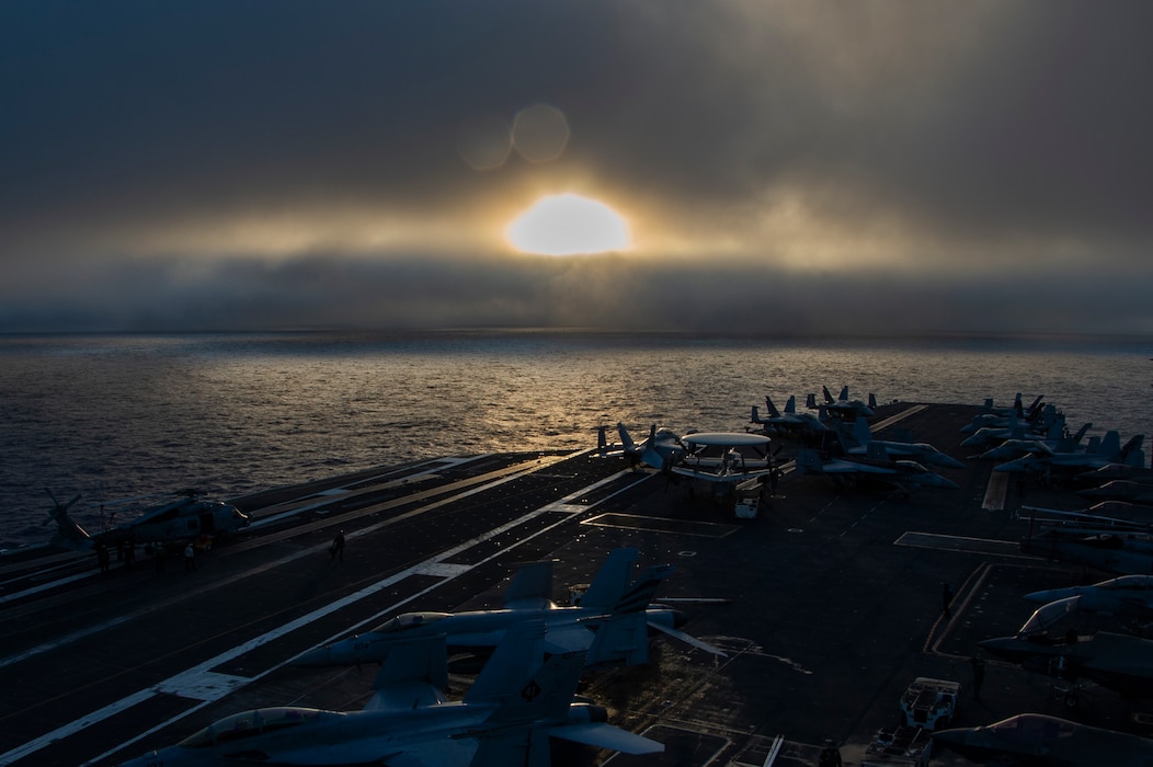 The Nimitz-class aircraft carrier USS Abraham Lincoln (CVN 72) transits through the Pacific Ocean. Abraham Lincoln, flagship of Carrier Strike Group Three, is underway conducting routine training operations in the U.S. 3rd Fleet area of operations.