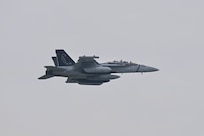 A U.S. Navy EA-18G Growler assigned to the Electronic Attack Squadron 132 (VAQ-132), Naval Air Station Whidbey Island, Wash., soars through the air during exercise Northern Edge 2025 at Eielson Air Force Base, Alaska, Aug. 17, 2025.