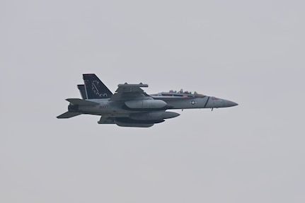 A U.S. Navy EA-18G Growler assigned to the Electronic Attack Squadron 132 (VAQ-132), Naval Air Station Whidbey Island, Wash., soars through the air during exercise Northern Edge 2025 at Eielson Air Force Base, Alaska, Aug. 17, 2025.
