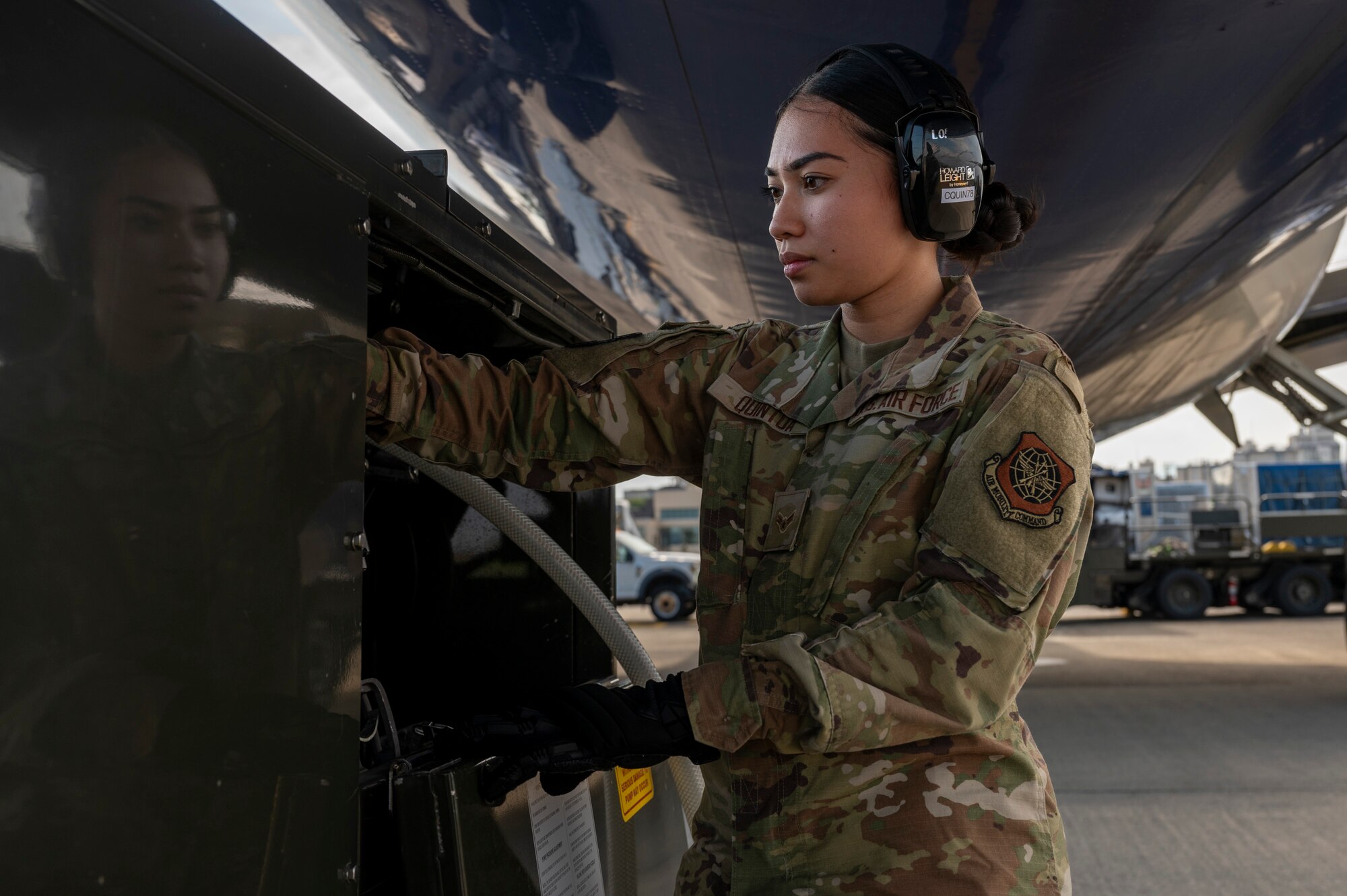 U.S. Air Force Airman 1st Class Carmi Quintoa, an air transportation specialist assigned to the 730th Air Mobility Squadron, provides potable water to a Boeing 767 passenger aircraft in support of Resolute Force Pacific 2025 at Yokota Air Base, Japan, July 24, 2025. The 730th AMS Fleet Services team ensures military and commercial aircraft are mission-ready by stocking essential supplies, removing waste, and servicing lavatories. REFORPAC is part of the first-in-a-generation Department-Level Exercise series, a new way of conducting operations in a contested, dynamic environment to build capabilities making a stronger, more deterrent force. The DLE encompasses all branches of the Department of Defense, Allies, and partners, employing over 400 joint and coalition aircraft and more than 12,000 personnel across more than 50 locations spanning 3,000 miles.  (U.S. Air Force photo by Airman 1st Class Samantha Thorn)