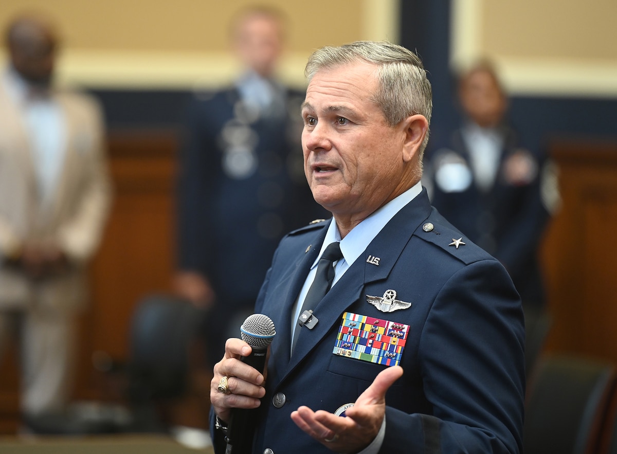 Deputy Commander of Air Force Recruiting Service Brig. Gen. Craig McPike addresses friends and family of members of the Delayed Entry Program at the Rayburn Office Building, Washington, D.C. Aug 15, 2025.