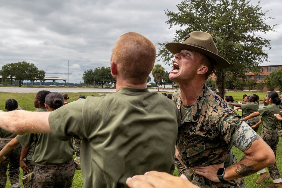 U.S. Marine Corps Staff Sgt. Jonah Edwards, a drill instructor with November Company, 3rd Recruit Training Regiment, leads incentivized training Marine Corps Recruit Depot Parris Island, S.C., August 7, 2025. Drill instructors administer incentive training to recruits in order to correct deficiencies and increase discipline.