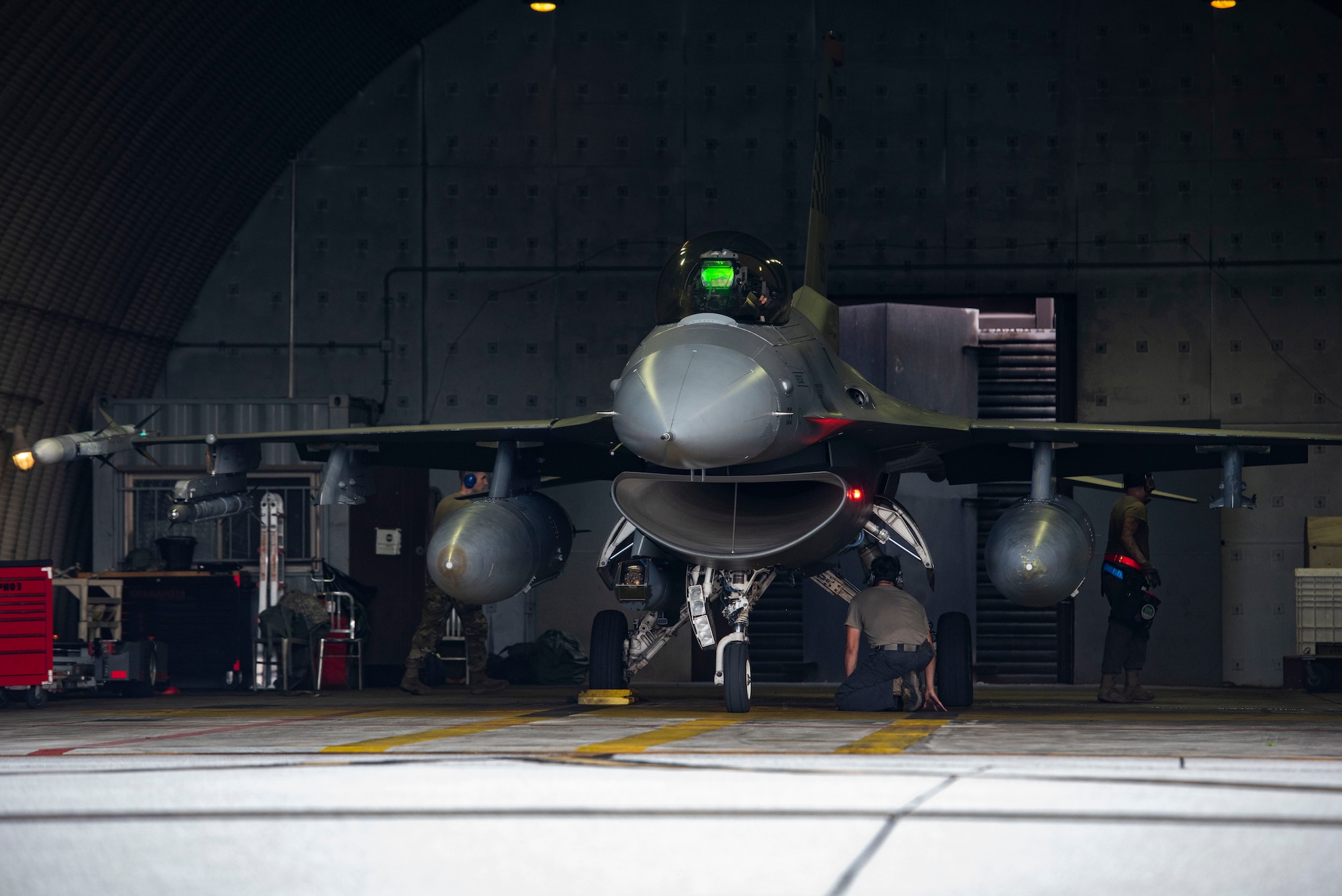 U.S. Air Force Airmen assigned to the 36th Fighter Generation Squadron conduct preflight checks during Ulchi Freedom Shield 25 at Osan Air Base, Republic of Korea, Aug. 18, 2025