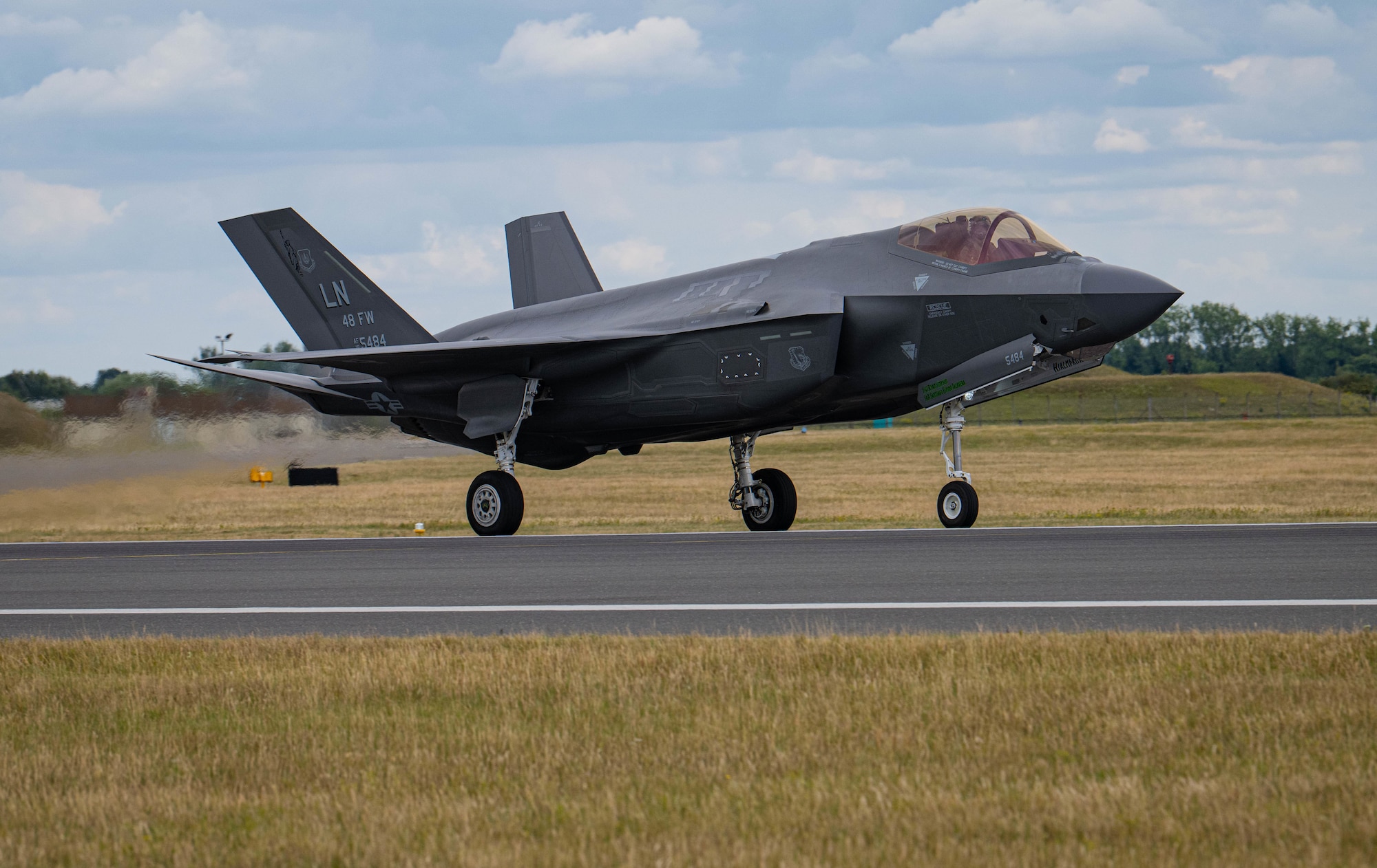 A U.S. Air Force F-35A Lightning II assigned to the 48th Fighter Wing lands on a runway at RAF Mildenhall, England, July 16, 2025.