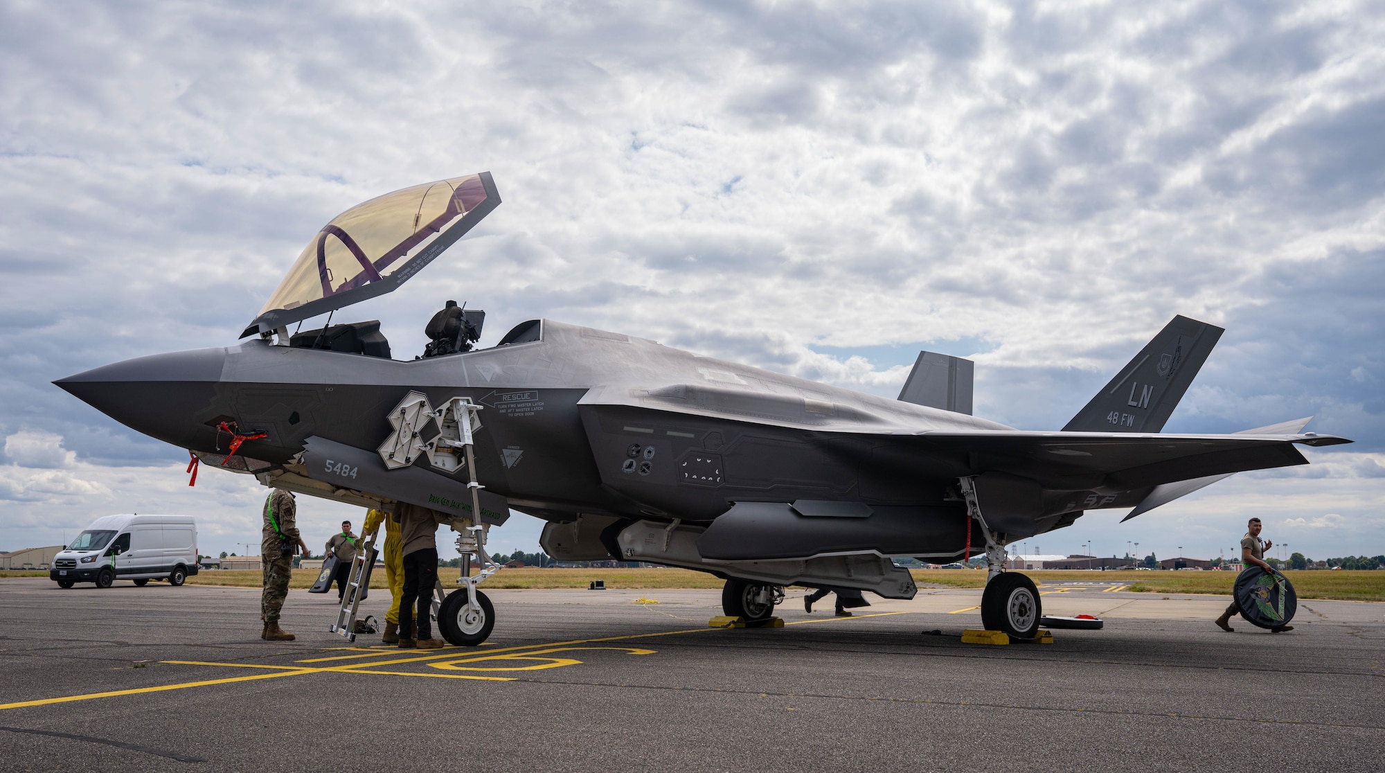 A U.S. Air Force F-35A Lightning II assigned to the 48th Fighter Wing rests on a runway at RAF Mildenhall, England, July 16, 2025.