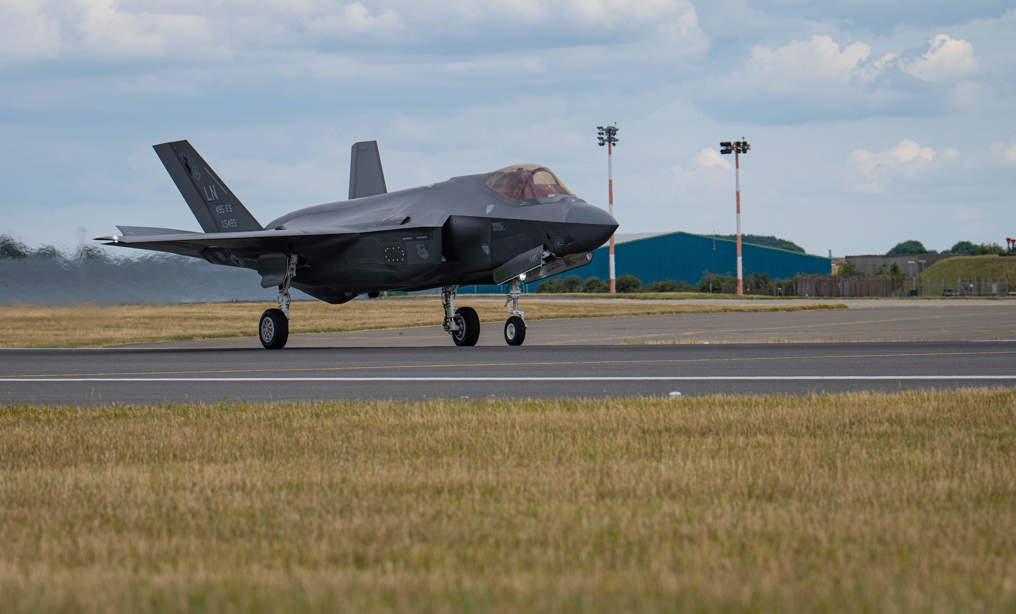 A U.S. Air Force F-35A Lightning II assigned to the 48th Fighter Wing lands on a runway at RAF Mildenhall, England, July 16, 2025.
