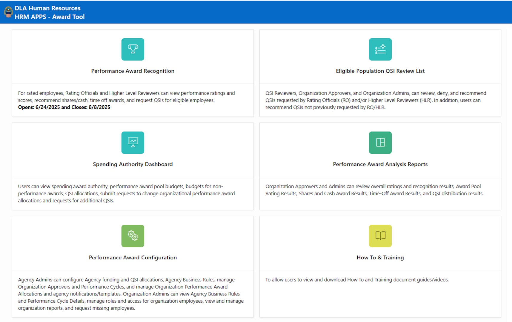 DLA screenshot of DLA HR Award Tool dashboard featuring options to review performance ratings, track spending award authority, and receive analytics on award pool results.