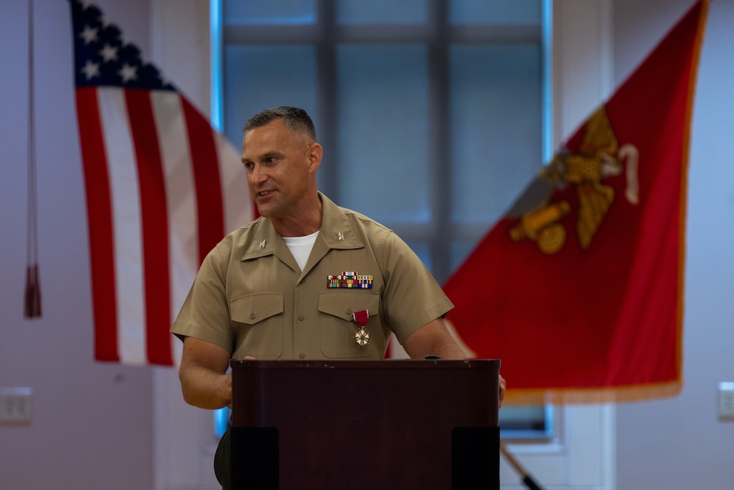 U.S. Marine Corps Col. Kyle Kilian, a native of Tatamy, Pennsylvania and the staff judge advocate for 2nd Marine Division, with Headquarters Battalion, 2nd MARDIV, gives remarks during his retirement ceremony on Marine Corps Base Camp Lejeune, North Carolina, Aug. 15, 2025. The ceremony was held to honor Kilian’s honorable and faithful service to the Marine Corps. (U.S. Marine Corps photo by Lance Cpl. Brian Bolin Jr.)